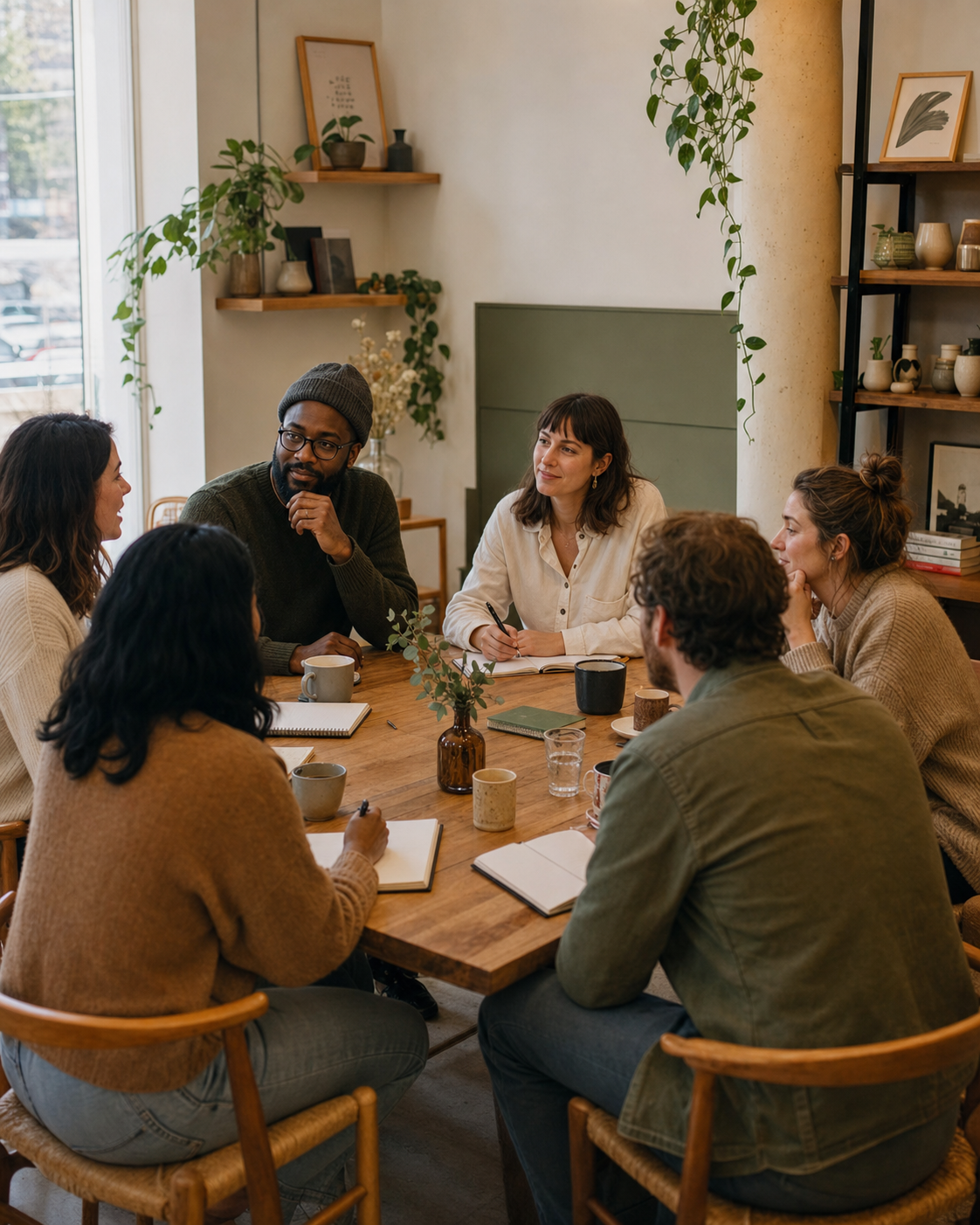 Small group gathered around a table for an offline community session.